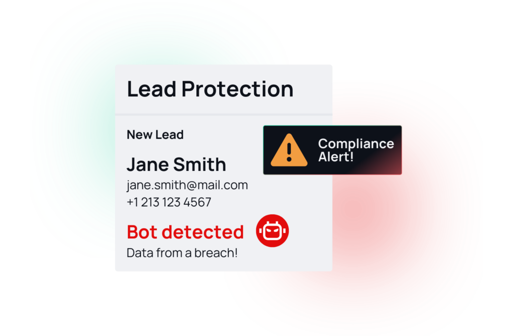 Mockup showcasing a collected lead which was created by a bot and poses a compliance risk.