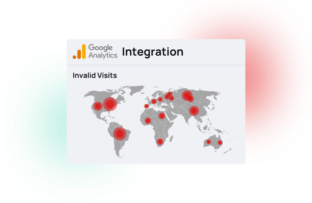 Mockup showcasing a visualization of a the fraud0 IVT data in Google Analytics on a world map.