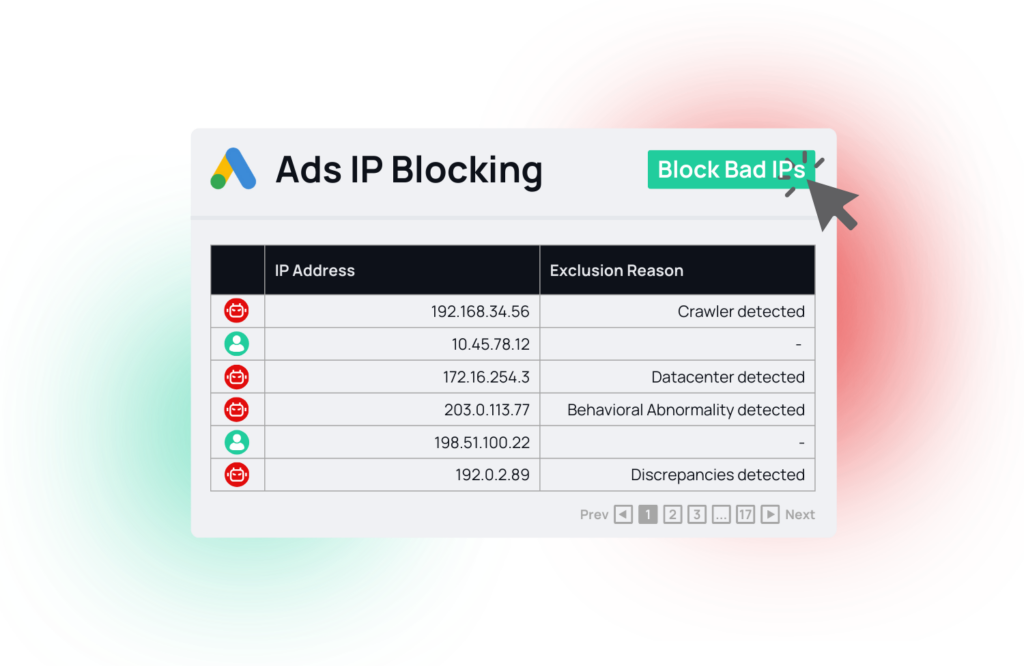 Mockup showcasing a scanned IP adresses with the option to block bots in your Google Ads account.