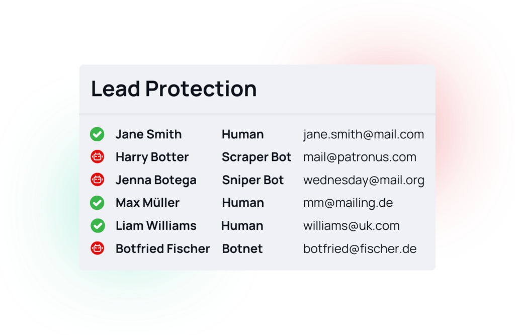 Mockup showcasing a report of collected leads and if they are a bot or a human.