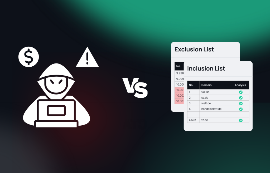 Visualization of exclusion list and inclusion list vs fraudsters on a dark background with green faded colors