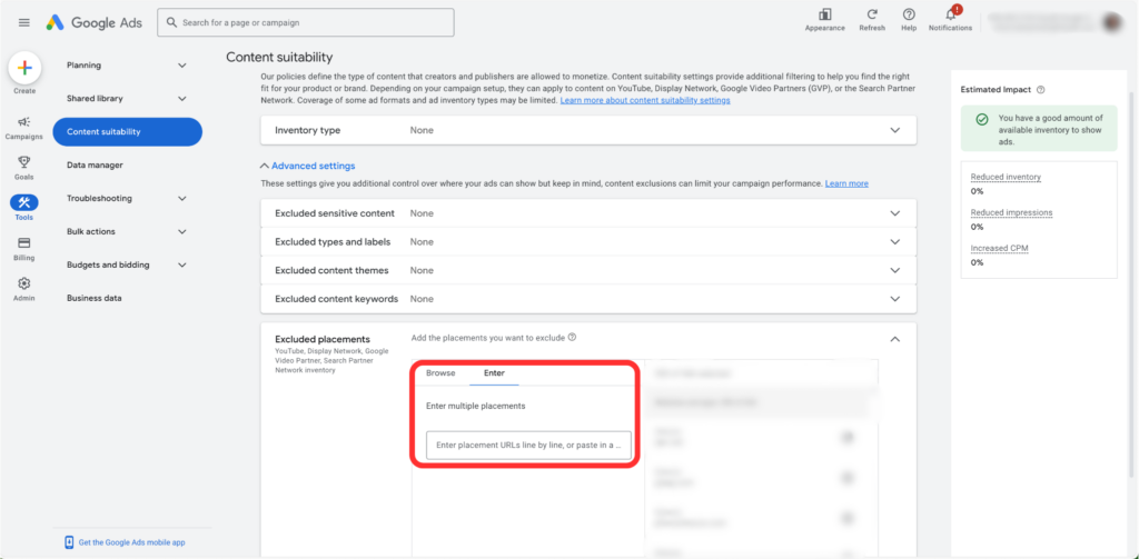 Screenshot of where to add placement exclusions in Pmax