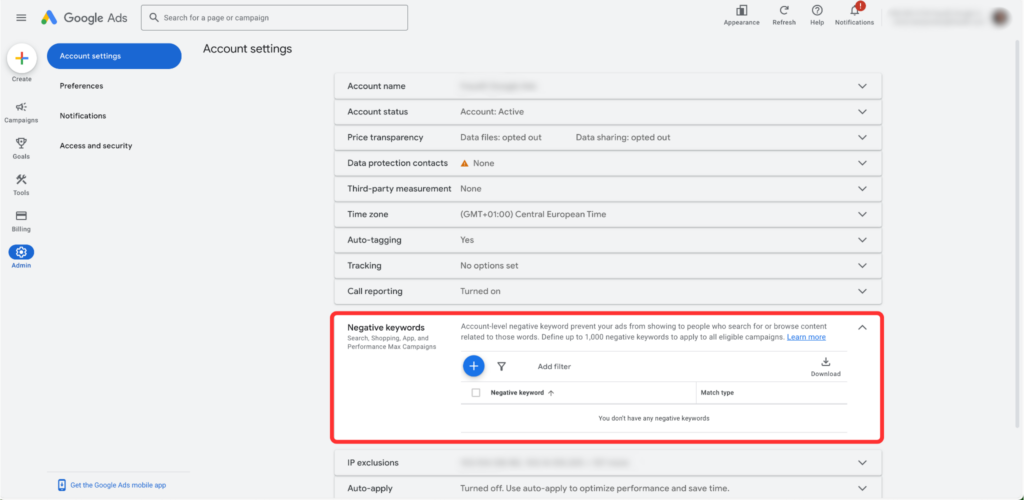 Screenshot of negative keywords at account level in PMax